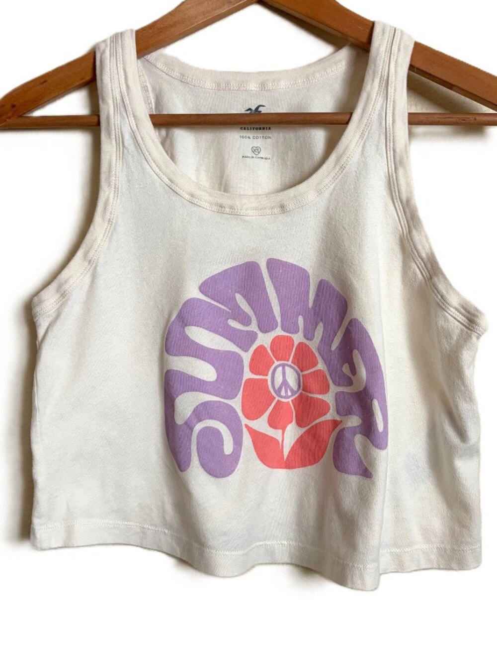 Hollister Oversized Graphic Crop Tank Top – “Summer” Peace Sign | XS | Boho Hipp